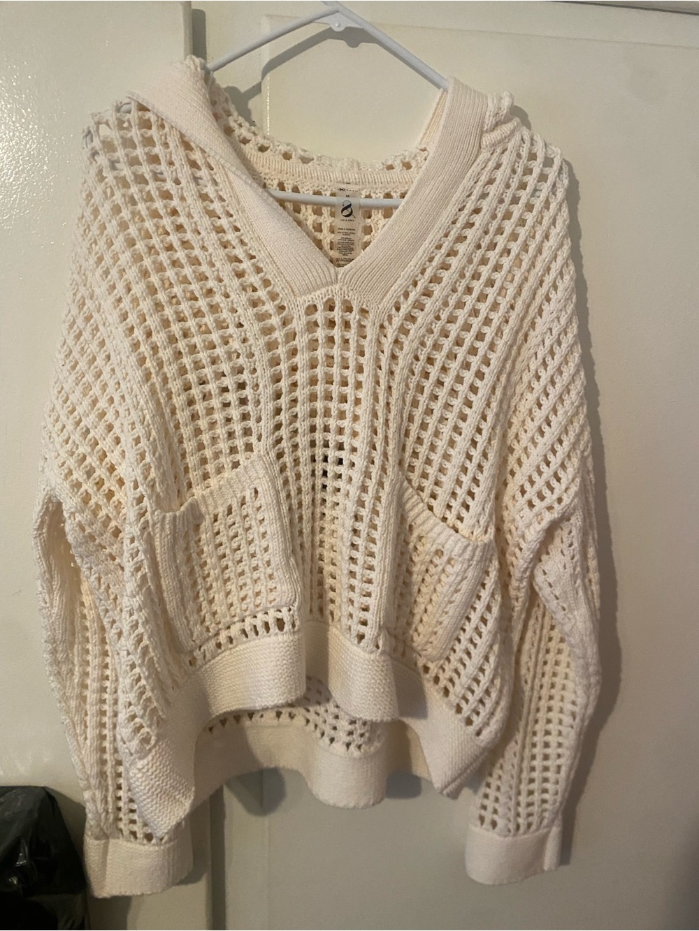 Lou & Grey Cream Open-Weave V-Neck Hoodie Sweater